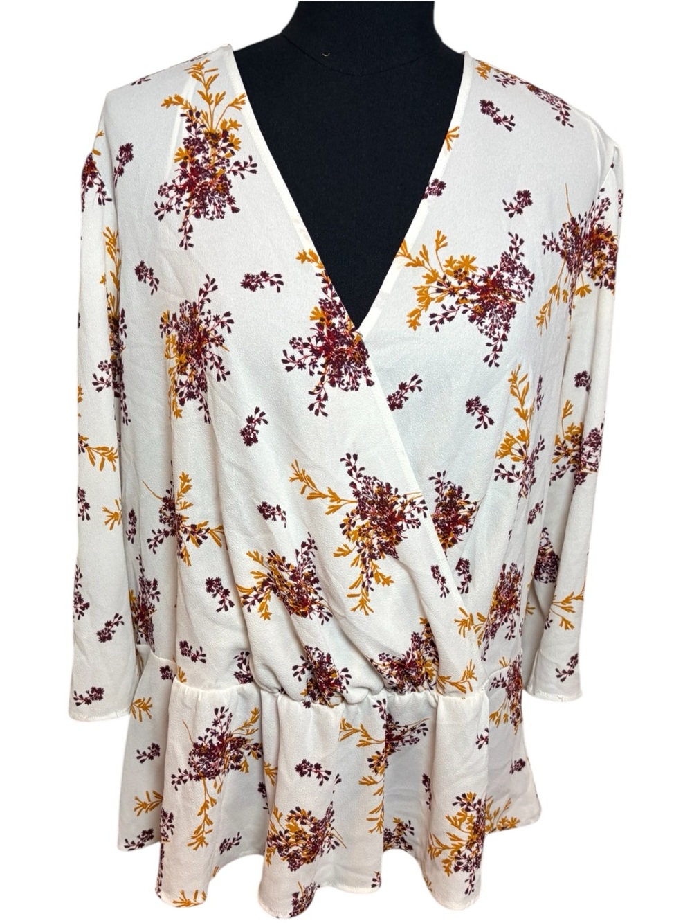 1.STATE Women’s 1X Floral Peplum‎ Blouse White V-Neck Wrap Style 3/4 Sleeve Top
